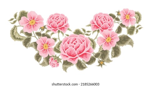 Pastel pink flower vector bouquet illustration with roses, peony, green leaf branches for wedding stationary, greeting card decoration, feminine and beauty product element isolated on white background