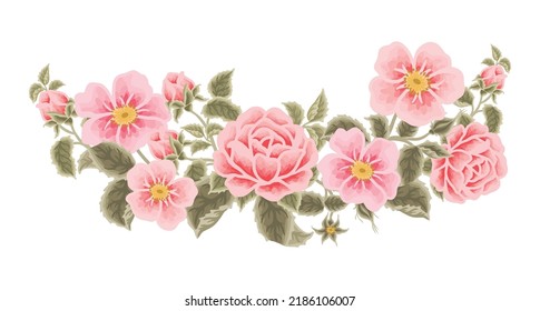 Pastel pink flower vector bouquet illustration with roses, peony, green leaf branches for wedding stationary, greeting card decoration, feminine and beauty product element isolated on white background