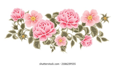 Pastel pink flower vector bouquet illustration with roses, peony, green leaf branches for wedding stationary, greeting card decoration, feminine and beauty product element isolated on white background