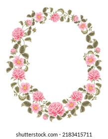 Pastel pink flower wreath vector illustration with roses, peony, green leaf branches for wedding stationary, greeting card decoration, feminine posters, beauty elements isolated on white background