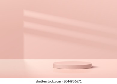 Pastel pink geometric pedestal podium in empty room with window shadow. Vector abstract studio room with 3D platform design. Modern minimal scene for cosmetic products. Showcase, Promotion display.