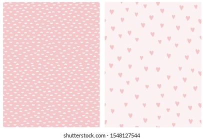 Pastel Pink Geometric Seamless Vector Patterns. White Semi Circles Isolated on a Pink Background. Simple Romantic Print with Sweet Tiny Hearts on a Light Pink Layout. Baby Girl Party Decoration.