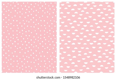 Pastel Pink Geometric Seamless Vector Patterns. White Semi Circles Isolated on a Pink Background. Simple Romantic Print with Sweet Tiny White Hearts on a Light Pink Layout. Baby Girl Party Decoration.