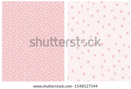 Pastel Pink Geometric Seamless Vector Patterns. White Semi Circles Isolated on a Pink Background. Simple Romantic Print with Sweet Tiny Hearts on a Light Pink Layout. Baby Girl Party Decoration.