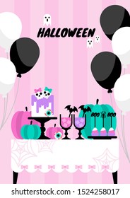 Pastel pink girly halloween party table decorate with candies cake drinks and pumpkin