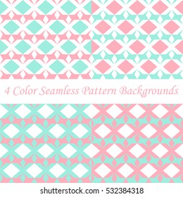 Pastel pink and green color asterisk, star and diamond shapes seamless pattern background.