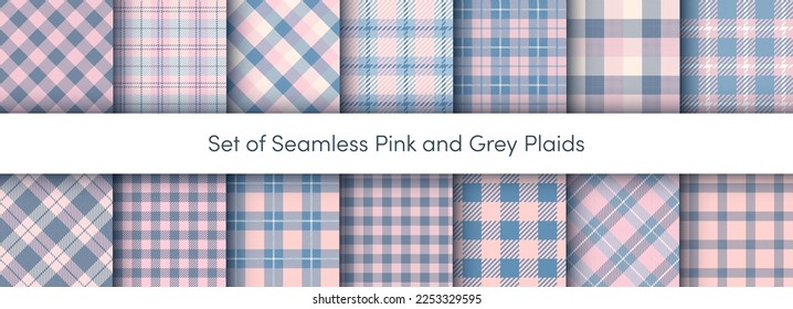 Pastel Pink Grey Plaids seamless pattens set. Vector Checkered, Buffalo, Tartan pink colors plaids textured background. Traditional fabric print collection. 14 Plaid texture for Valentine day design.