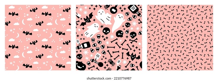 Pastel pink Halloween magical pattern set. Ghosts, bats, skulls, bones, potion bottles, spiders, stars, clouds and moon on pink background.