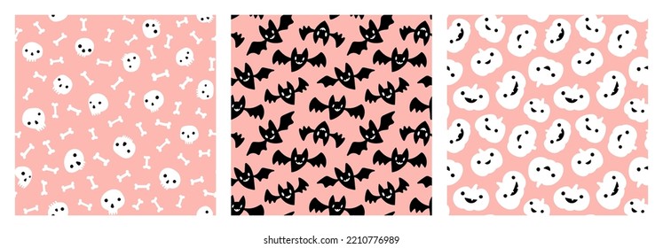 Pastel pink Halloween patterns. Black and white cute skulls, pumpkins, bones, flying bats on pink background seamless patterns set.