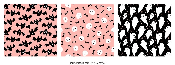 Pastel pink Halloween seamless pattern set. Black and white cute ghosts, flying bats, skulls, bones, stars scattered on pink background.