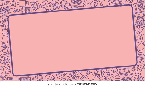 Pastel pink horizontal banner background framed with seamless outline stationery and workplace accessories pattern for commercial design use.