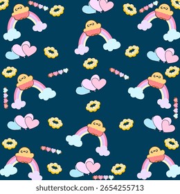 Pastel pink kawaii background with cute cartoons