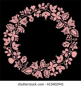 Pastel pink laurel wreath decorative vector frame on black background