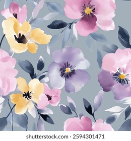 Pastel pink, lavender, and yellow flowers on a gray background. watercolor flower seamless pattern. Watercolor print in rustic vintage style, textile or wallpapers.