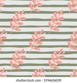 Pastel pink leaves branches elements seamless pattern. Grey striped background. Nature botanic backdrop. Designed for fabric design, textile print, wrapping, cover. Vector illustration.