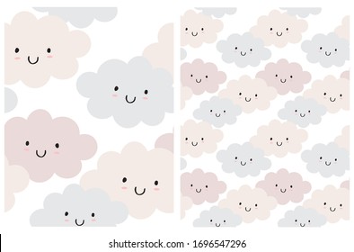 Pastel Pink and Light Gray Fluffy Smiling Clouds Isolated on a White Background. Simple Baby Shower Art. Cute Pink Cloudy Vector Pattern ideal for Fabric, Textile, Card. 