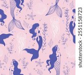 Pastel Pink Modern Tattoo Style Seamless Pattern with Mermaids, Shells, and Jellyfish. Vector background