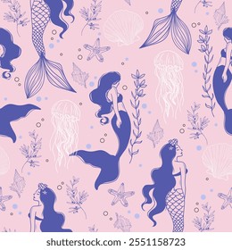 Pastel Pink Modern Tattoo Style Seamless Pattern with Mermaids, Shells, and Jellyfish. Vector background