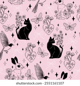 Pastel Pink Modern Tattoo Style Seamless Pattern with Black Cats, Butterflies, Flowers, and Bows. Vector background