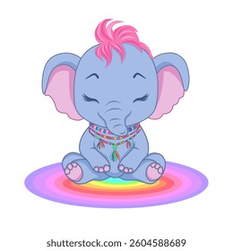 Pastel Pink Mohawk Elephant in Yoga Meditation on Rainbow Gradient Mat for Wellness Art, Vector Design