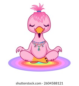 Pastel Pink Mohawk Flamingo in Yoga Meditation on Rainbow Gradient Mat for Tropical Art, Vector Design