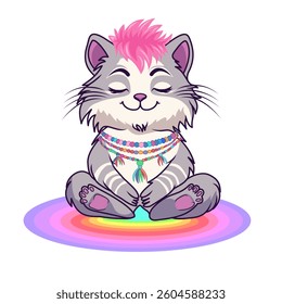 Pastel Pink Mohawk Manul in Yoga Meditation on Rainbow Gradient Mat for Mindfulness Art, Vector Design
