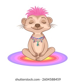 Pastel Pink Mohawk Meerkat in Yoga Meditation on Rainbow Gradient Mat for Mindfulness Art, Vector Design