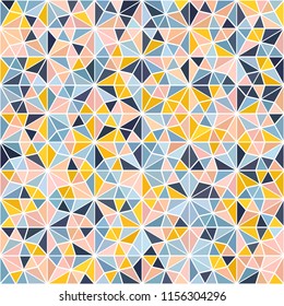 Pastel pink, navy blue, beige, yellow gradient mosaic texture background. Abstract stained glass window geometric low poly hexagon diamond triangle ornament vector illustration. Seamless pattern