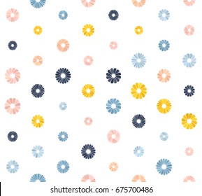 Pastel pink, navy blue, beige, yellow gradient spot flower seamless pattern on white. Round triangle abstract floral geometric ornament for prints, textile, fabric, package, cover, greeting card