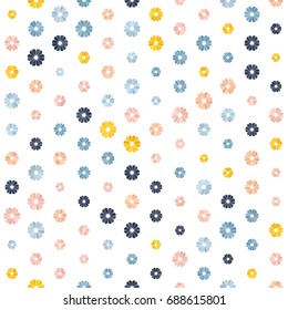 Pastel pink, navy blue, beige, yellow gradient spot flower seamless pattern on white. Round triangle abstract floral geometric ornament for prints, textile, fabric, package, cover, greeting card