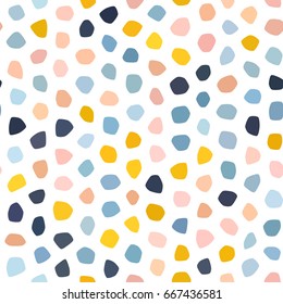 Pastel pink, navy blue, salmon, beige, yellow polka dot seamless pattern on white background. Round polygon stone texture. Abstract vector, greeting cards.