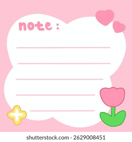 A pastel pink note template featuring floral and heart decorations. Ideal for romantic or playful messages. Can be used for school, personal, or office notes.