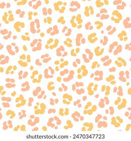 Pastel pink orange leopard skin print seamless pattern. Cheetah skin flat style peach pink on white background. Hand drawn gender neutral pastel leopard print background. Pastel safari design.