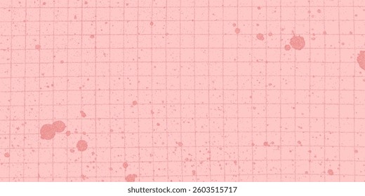 Pastel pink paint splashes and ink sprays on checkered paper sheet. Gritty halftone texture, noisy effect. Stains and watercolor drips.