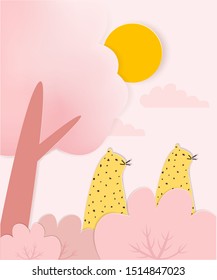 Pastel pink paper cut wildlife and leopards. Cute jungle landscape. Vector hand drawn illustration.