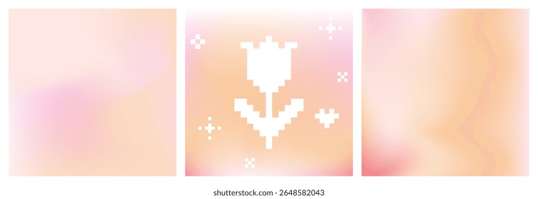 Pastel pink and peach square gradient backgrounds for beauty and wedding design, social media posts, poster, cover. Simple soft light beige bg with minimal beautiful geometric flower, sparkle pattern