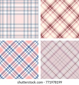 Pastel pink plaid patterns. Set of four seamless checkered textures.