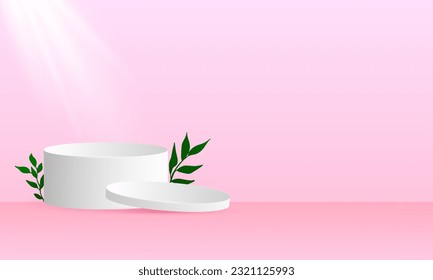 Pastel pink podium for product promotion, with cloud and leaf elements