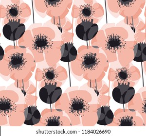 Pastel pink poppy floral seamless pattern vector illustration.