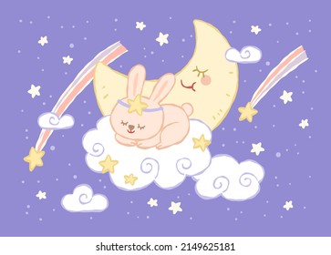 pastel pink rabbit sleeping on the clouds in front of half-moon and comet in night sky pastel color