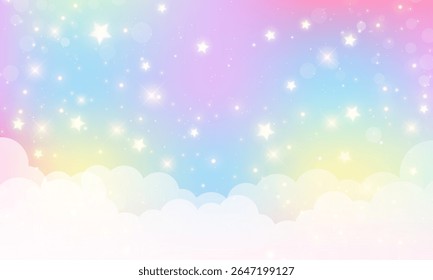 Pastel roze regenboog eenhoorn achtergrond, kawaii holografische gradiënt achtergrond en abstracte ruimte landschap vector illustratie met bokeh licht, magische zeemeermin hemel, wolk, glitter ster en neon sprankeling.