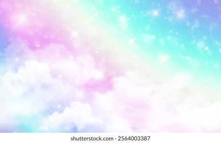 Pastel pink rainbow unicorn or mermaid background, fantasy gradient space or galaxy backdrop and kawaii holographic landscape with magic sky, bokeh light, cloud and glitter for social media banner.