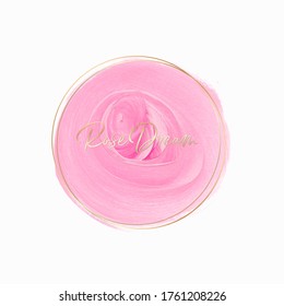 Pastel pink rose paint logo design background with golden round frame - Vector.