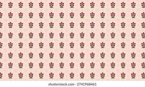 A pastel pink seamless floral pattern featuring stylized pink berry bouquets with green leaves on a peach background with subtle beige flower outlines forming a diamond lattice.