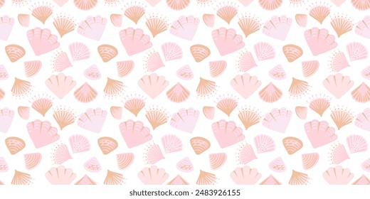 Pastel pink seamless pattern with creative shapes seashells on a light background. Abstract artistic summer marine printing. Vector hand drawing.Template for designs, notebook cover, wrapping paper