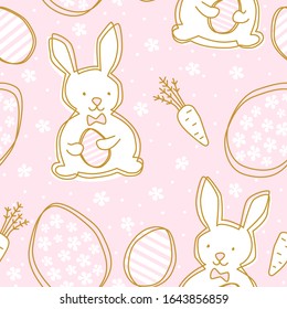 Pastel pink seamless pattern with cute cartoon bunny characters holding egg clipart arranged on a repeating background  with carrot, egg and flower filling objects to make spring holiday textile.