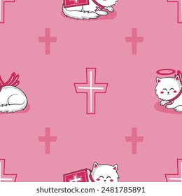 Pastel pink seamless pattern with cute religious cats