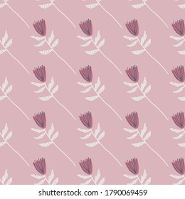 Pastel pink seamless pattern with flowers figures and white twigs. Stylized hand drawn floral print. Great for wrapping paper, textile, fabric print and wallpaper. Vector illustration.