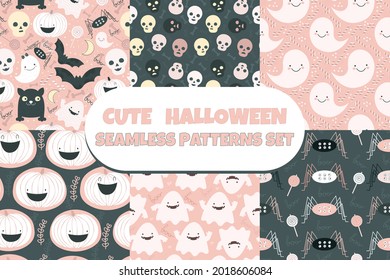 Pastel pink seamless prints with Halloween decorative elements - ghost, pumpkin, sculls. Soft cute color palette. Nice vector characters, decor objects - sweets, boo, moon, bones, bats. Pattern design