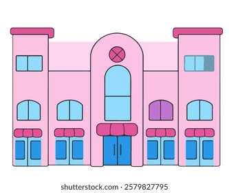 A pastel pink shopping mall Cartoon, Hand drawing illustration, ideal for commercial districts, retail marketing, and urban lifestyle visuals.